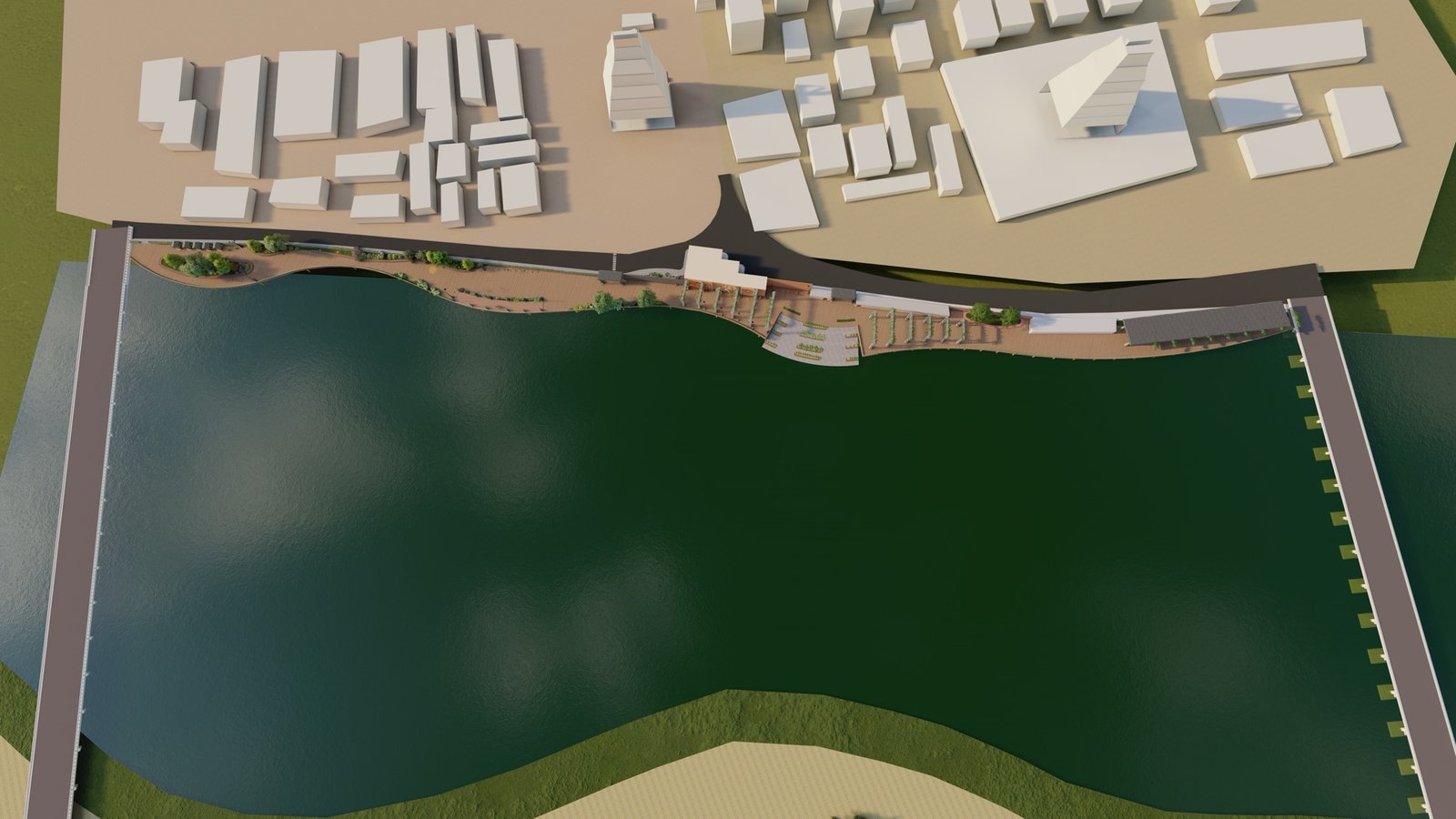 Aerial view of the full riverfront development along the Swarnamukhi with the town behind