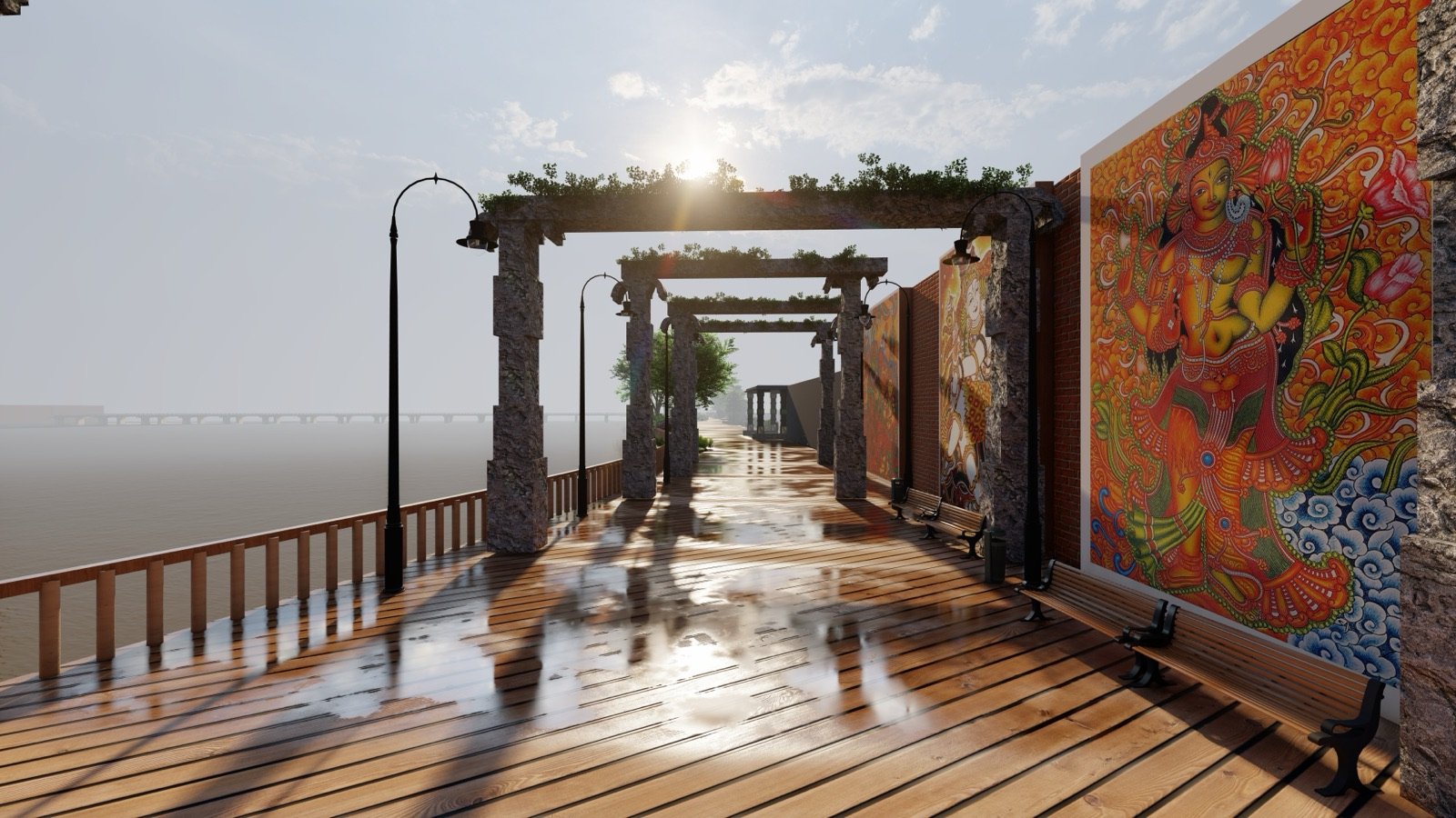 Pergola colonnade running along the deck beside a painted mural wall