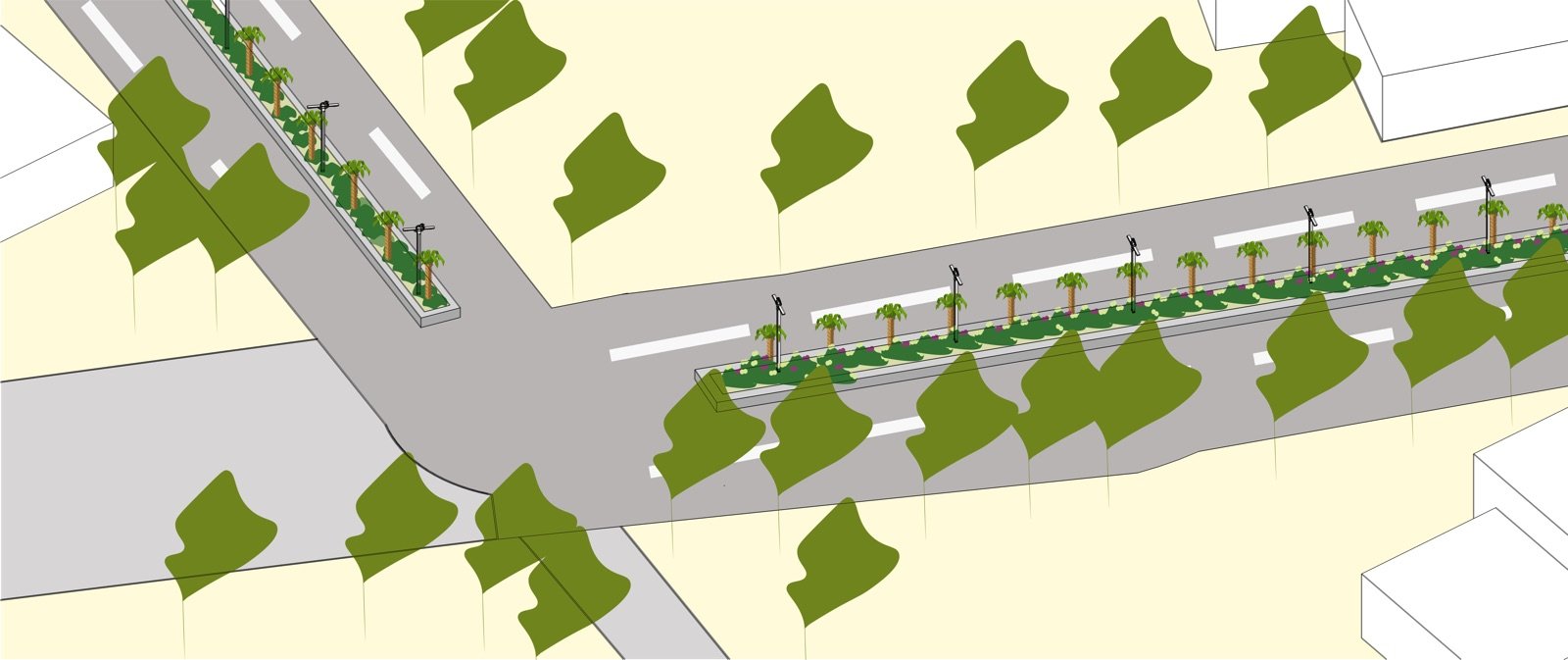 Plan axonometric of the planted median at the street junction