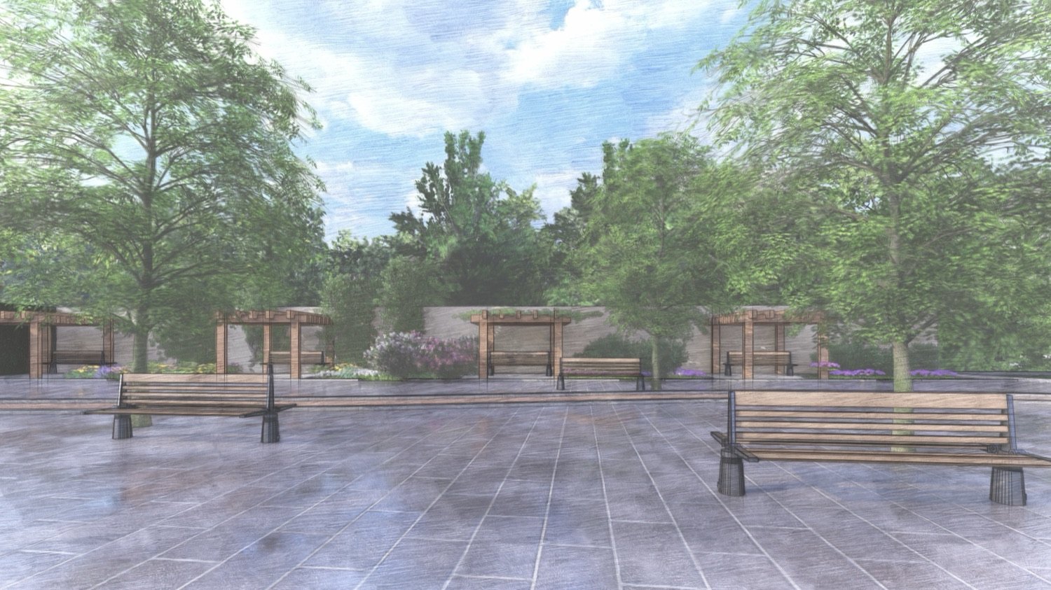 Plaza with benches, pergolas and shade trees