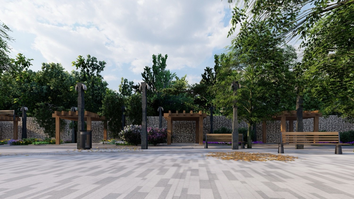 Plaza edge with pergolas, stone screen wall and lamp posts