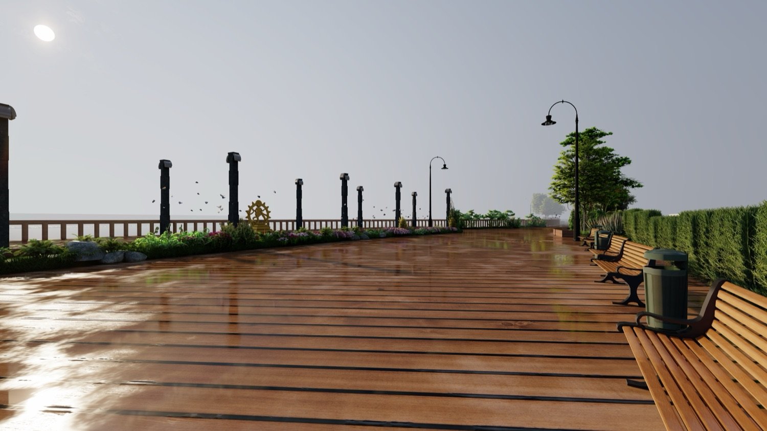 Deck with benches, lamp posts and clipped hedge along the railing