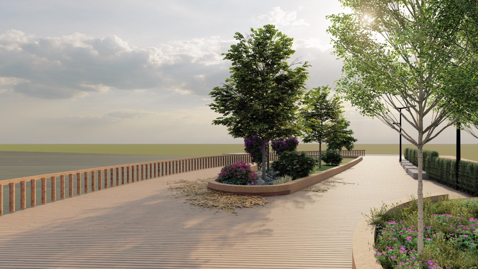 Rendered waterfront boardwalk with timber decking and a planted island