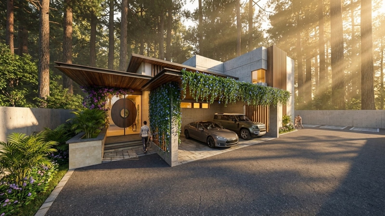 Render of the tropical frontage with palms and uplighting