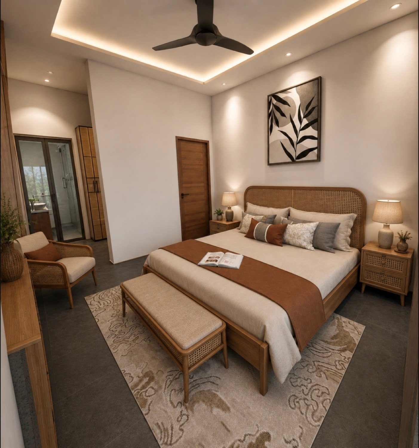 Master bedroom with woven headboard, soft rug and warm cove lighting