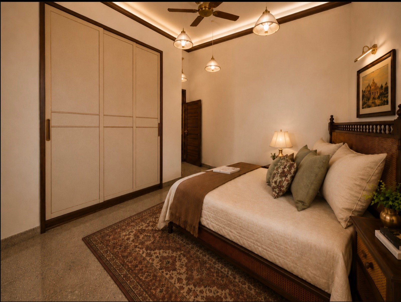 Bedroom with panelled wardrobe, timber bed and a patterned rug