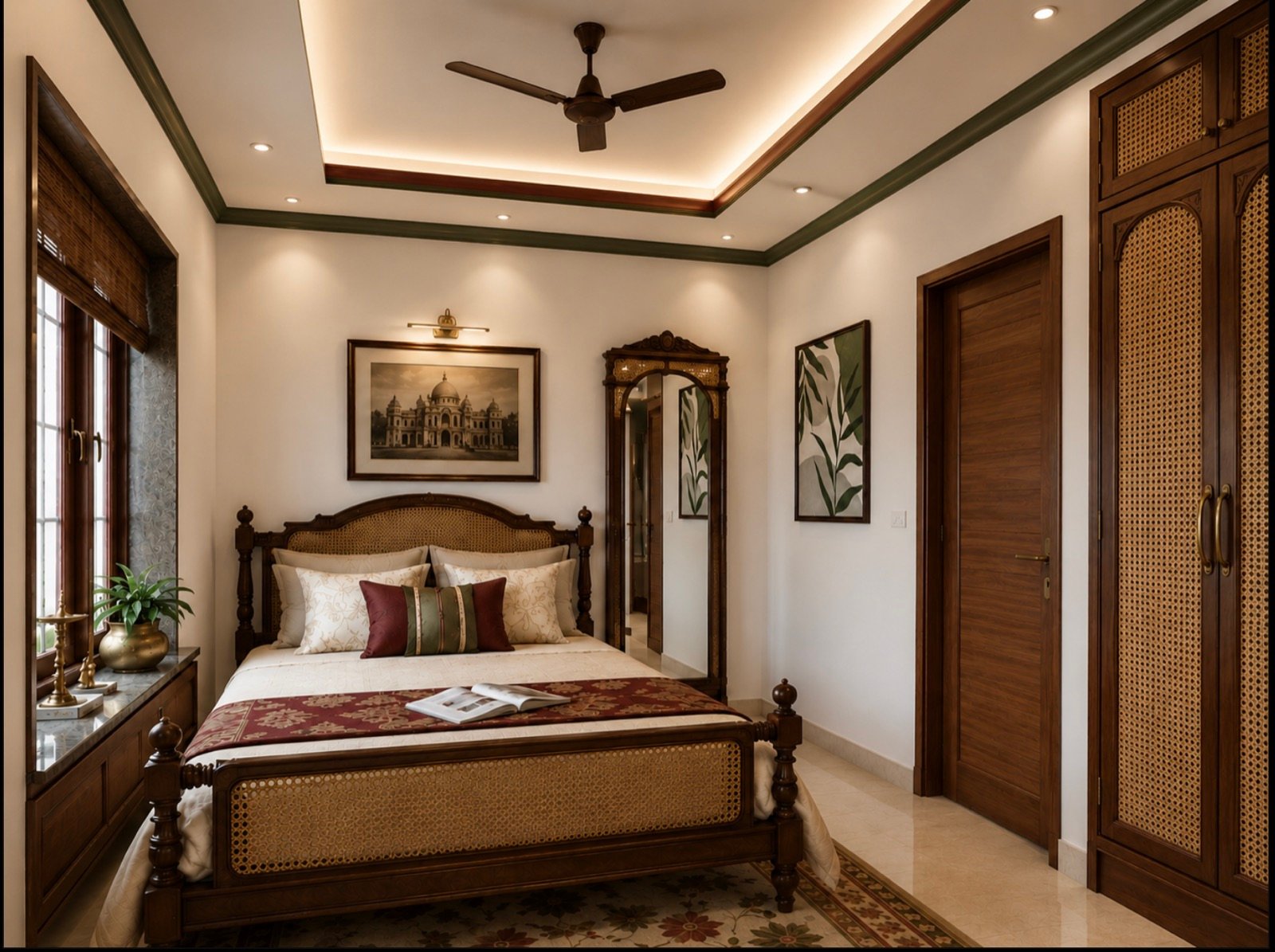 Bedroom with layered lighting, timber doors and a soft rug
