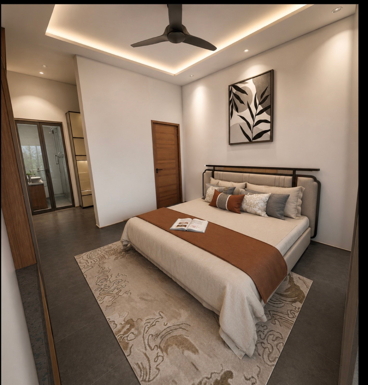 Bedroom with cove lighting, a leaf artwork and dark stone floor