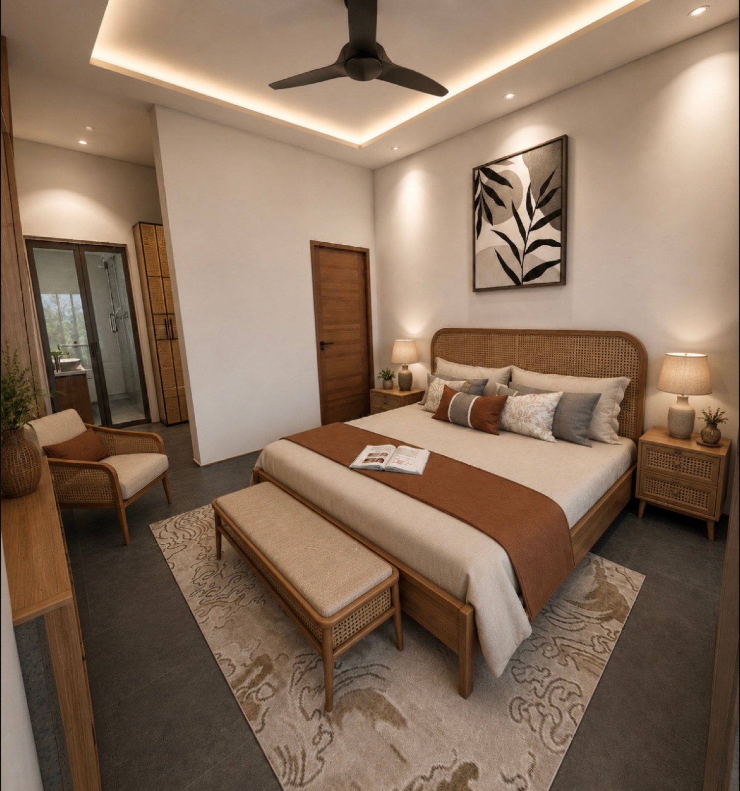 Contemporary bedroom with cane headboard, bench and a soft rug
