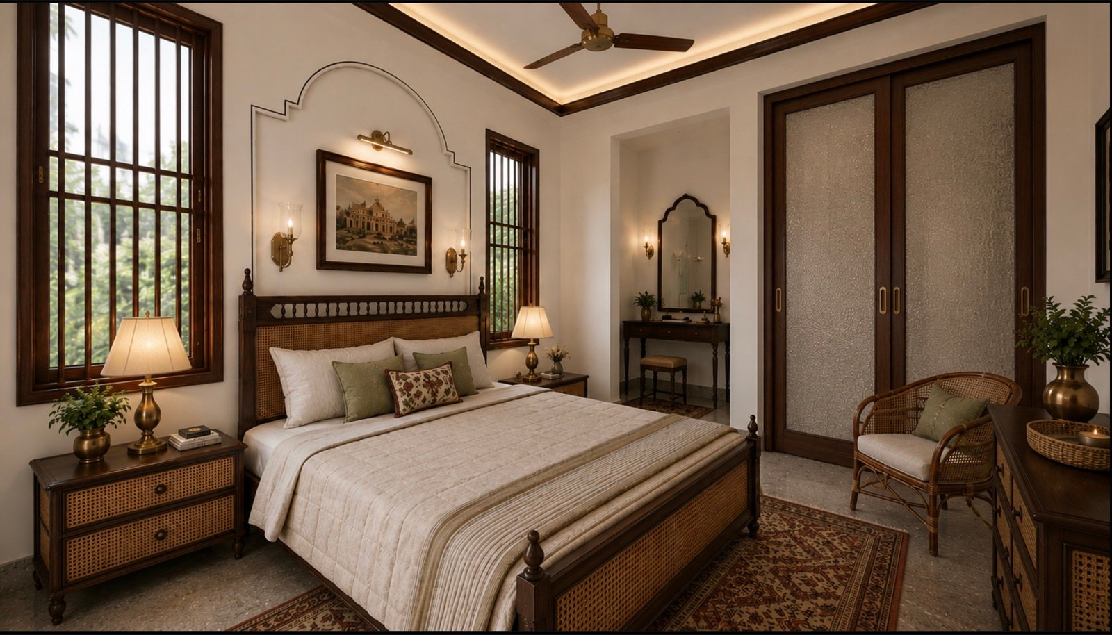 Warm bedroom interior with cane furniture, timber joinery and layered lighting