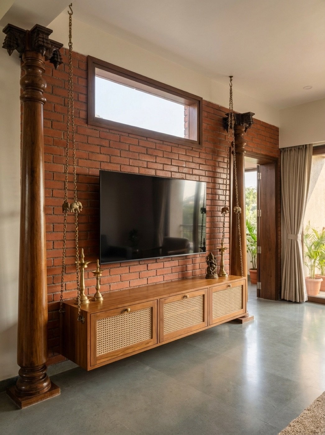 Media wall in brick and timber with the door open to the garden
