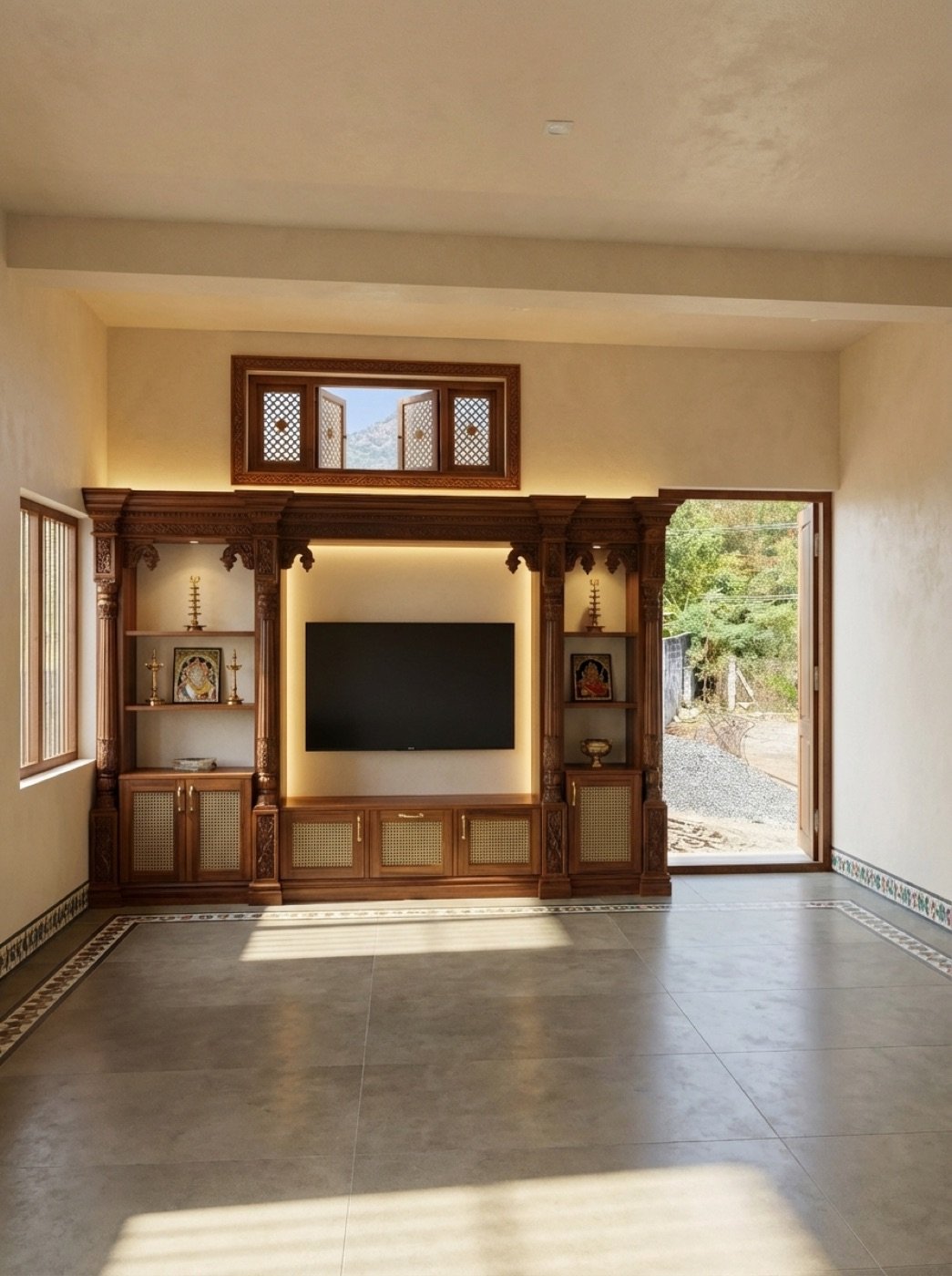 Timber media wall with carved detail and daylight from the side